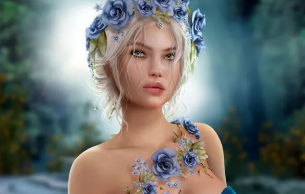 Girl, blue, blonde, a wreath of roses