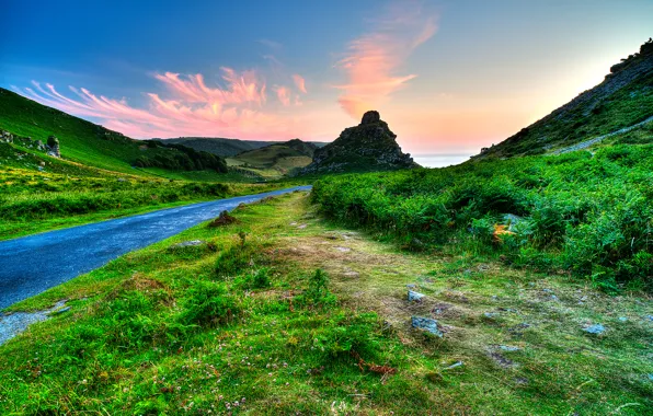 Road, the sky, grass, clouds, sunset, mountains, rocks, Exmoor