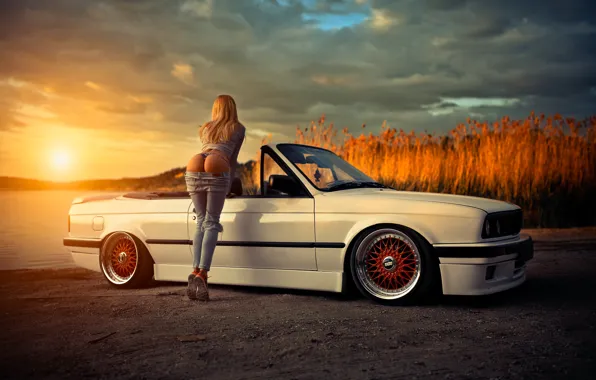 Auto, white, ass, landscape, sunset, nature, lake, panties