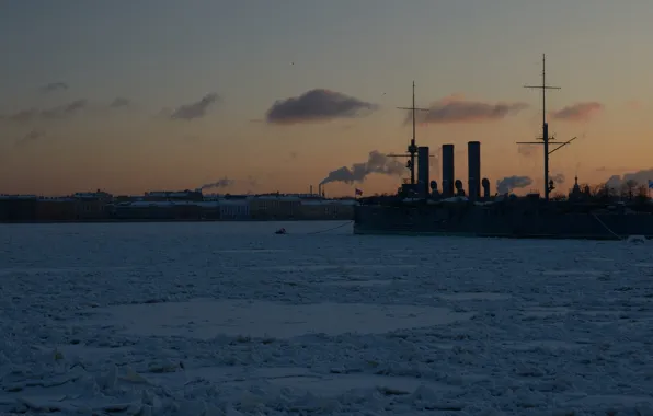 Sunset, The evening, Ice, Saint Petersburg, Aurora, Neva