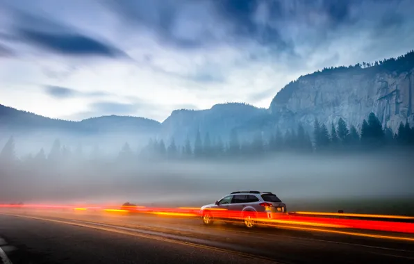 Road, machine, mountains, nature, lights, Yosemite Valley, national Park