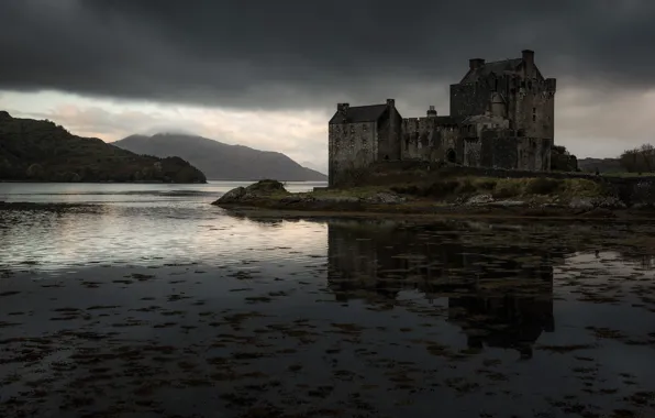 The sky, algae, landscape, mountains, clouds, lake, castle, overcast