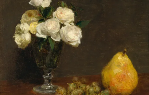 Roses, picture, grapes, vase, pear, Henri Fantin-Latour, Still life with Roses and Fruit