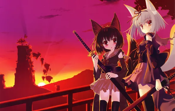 Picture the sky, the sun, clouds, sunset, weapons, girls, katana, anime