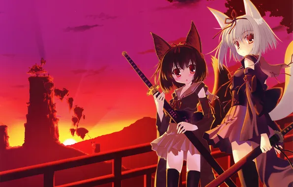 The sky, the sun, clouds, sunset, weapons, girls, katana, anime