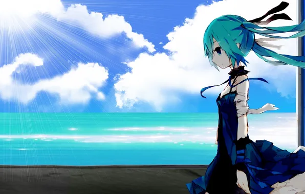 Sea, the sky, girl, the sun, clouds, art, vocaloid, hatsune miku
