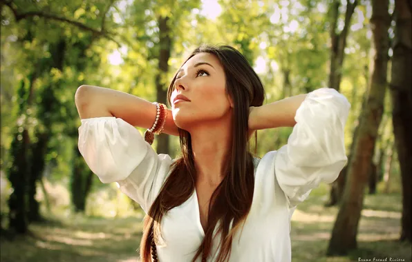Girl, trees, glare, up, brunette, looks, bokeh