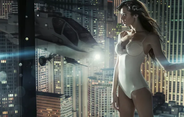 Glass, building, figure, window, linen, helicopter, lingerie, skyscrapers