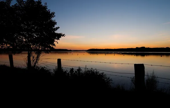 Picture sunset, shore, twilight, pond, wire fence