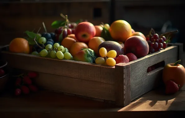 Light, berries, table, apples, Board, food, strawberry, grapes