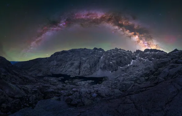 Mountains, night, lake, stones, rocks, The milky way