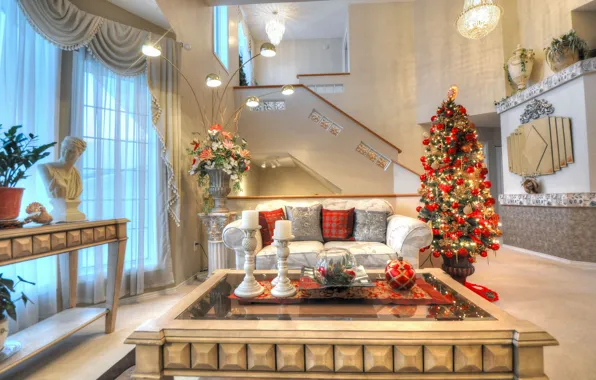 Picture sofa, holiday, tree, New Year, Christmas, table, living room