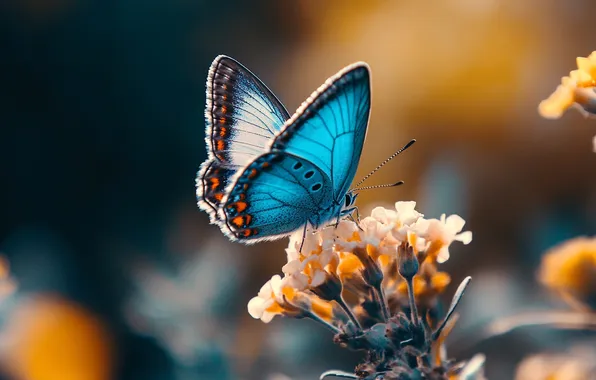 Light, flowers, the dark background, butterfly, insect, blue, bokeh, AI art