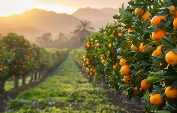 Leaves, trees, mountains, branches, fog, oranges, garden, fruit