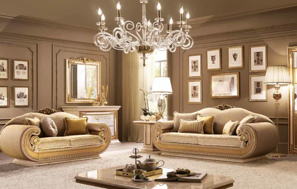 Sofa, interior, chair, mirror, chandelier, pictures, luxury, living room