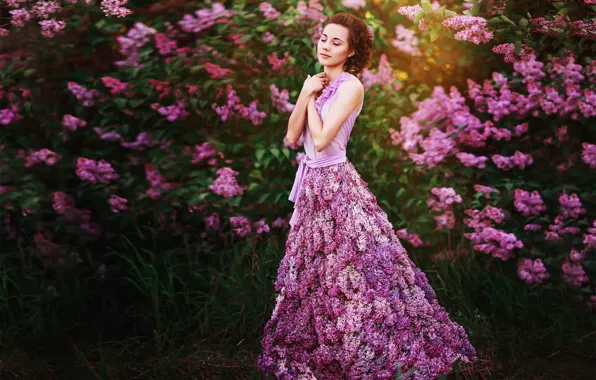Picture girl, flowers, dress, lilac, Lilac dreams