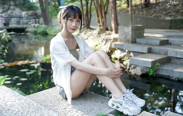 Look, the sun, trees, pose, pond, Park, model, shorts