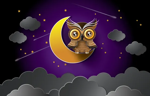 Picture stars, night, clouds, owl, the moon