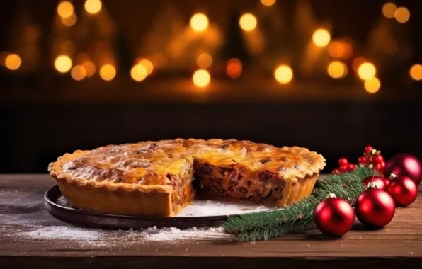 Table, Christmas, pie, New year, cakes, Christmas decorations, festive table, AI art