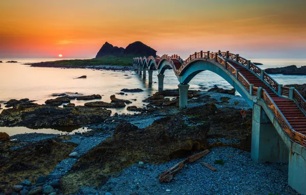 Sunset, bridge, coast, island