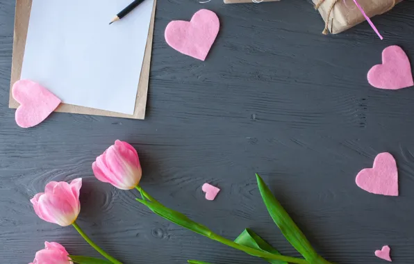 Flowers, gift, hearts, tulips, pink, wood, pink, flowers