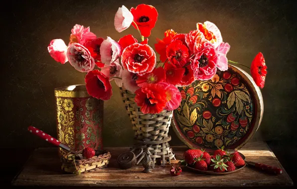 Light, flowers, berries, table, Maki, bouquet, strawberry, Bank