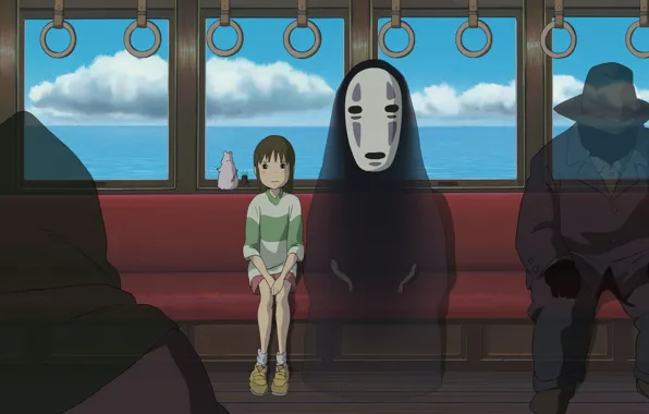 Picture train, anime, art, girl, Hayao Miyazaki, passengers, faceless, Chihiro