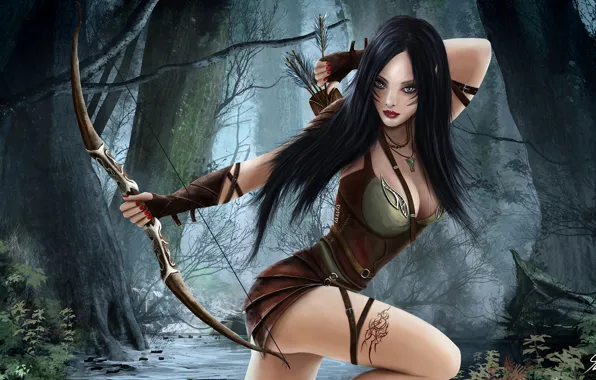 Forest, girl, weapons, Archer, art, tattoo