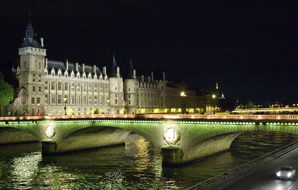 Picture night, bridge, lights, river, Paris