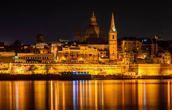 Sea, night, lights, tower, home, the dome, Malta, Valletta