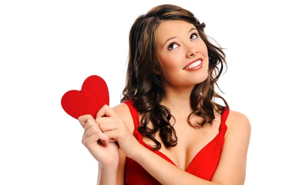 Girl, pose, smile, red, heart, makeup, dress, hairstyle