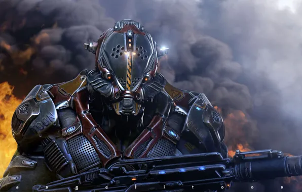 Weapons, smoke, robot, armor, cyborg