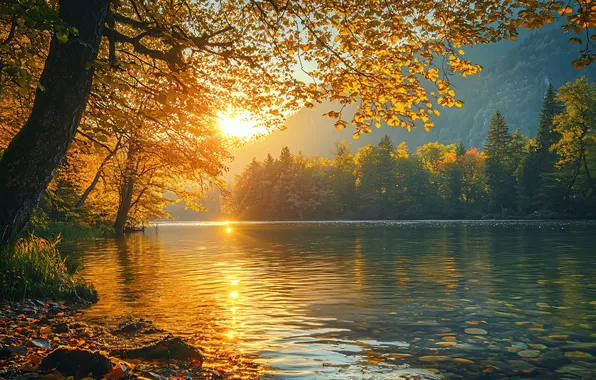 Autumn, forest, the sun, trees, mountains, branches, fog, lake