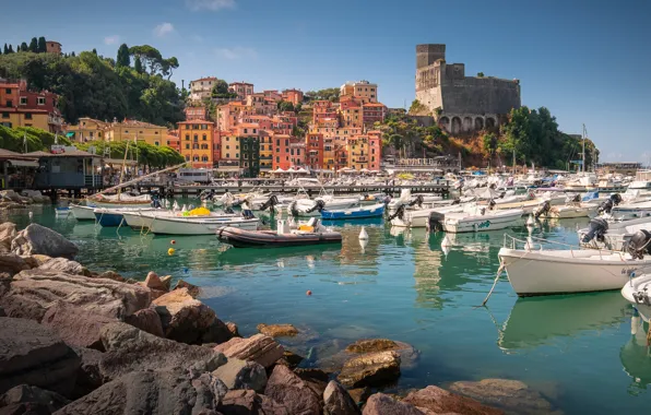 Picture sea, landscape, stones, shore, home, boats, Italy, Liguria