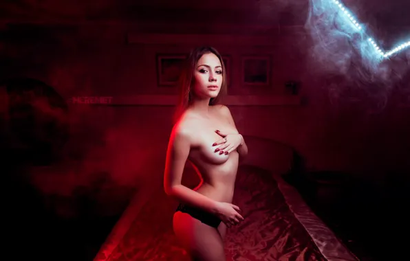 Chest, look, lights, sexy, pose, room, model, smoke
