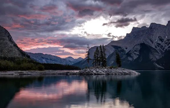 Picture forest, the sky, clouds, mountains, reflection, stones, rocks, shore
