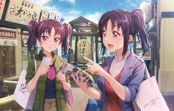 Girls, street, art, Love Live! School Idol Project, Living Love!, Leah Kazuno, Sarah Kazuno