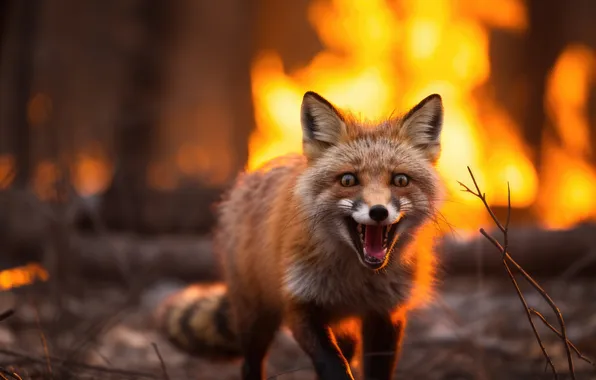 Trees, Smoke, Fire, Fox, Fire, Digital art, AI art, The Art of Artificial Intelligence