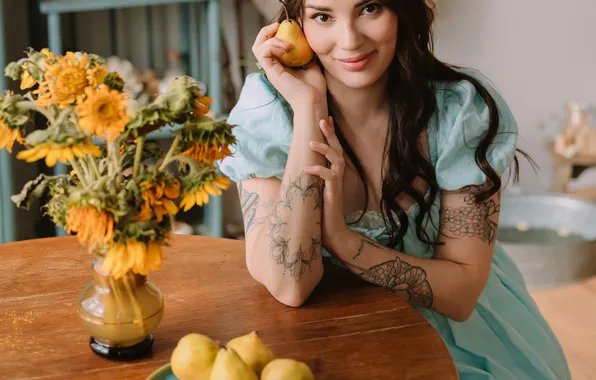 Flowers, table, brunette, tattoo, vase, fruit, Masha, Ulyana Bukanova (Mizinova)