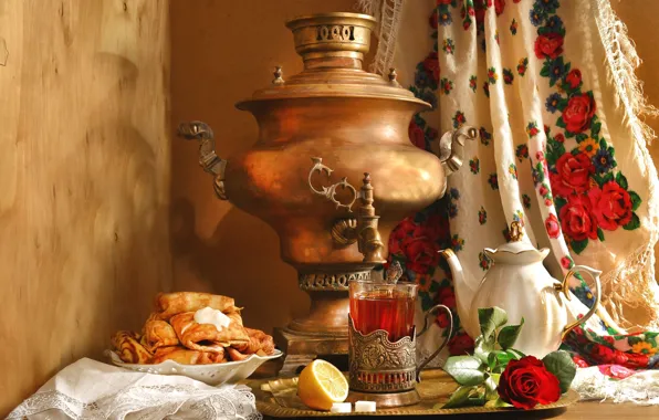 Picture lemon, tea, rose, kettle, still life, samovar, pancakes, shawl