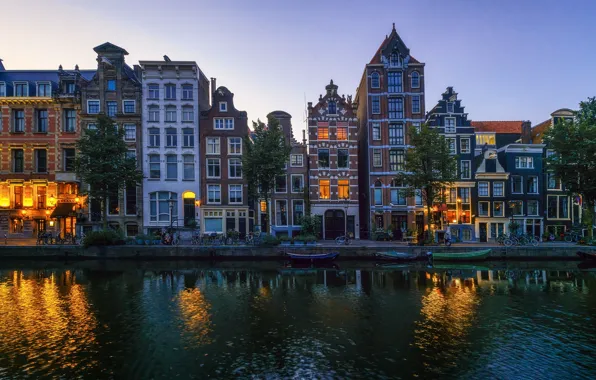 Trees, sunset, lights, river, home, boats, the evening, Amsterdam