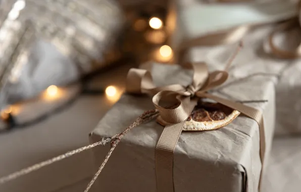Lights, box, gift, Christmas, New year, bow, garland, bokeh