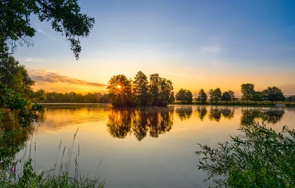 Picture trees, sunset, lake, Germany, Bayern
