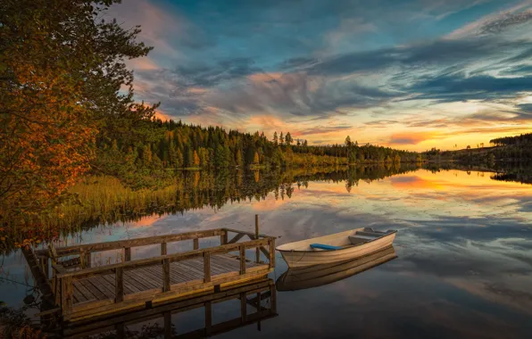 Autumn, forest, trees, sunset, river, boat, pier, Sweden