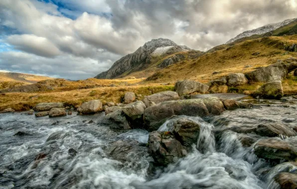 Clouds, river, stones, mountain, stream, Wales, Snowdonia