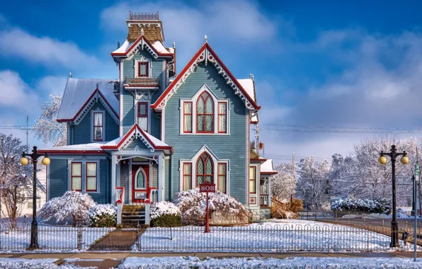 Winter, the sky, the sun, clouds, snow, trees, design, house