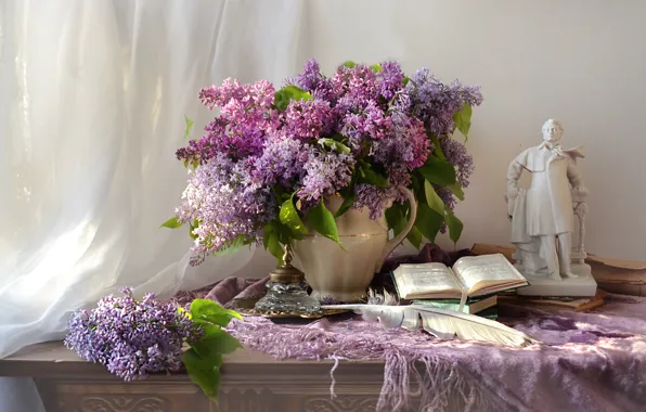 Picture flowers, branches, pen, books, pitcher, curtain, lilac, tablecloth