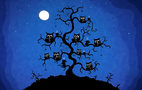 Night, tree, owls, VLADSTUDIO