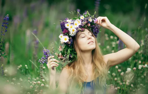 Picture girl, flowers, mood, Alina, meadow, wreath