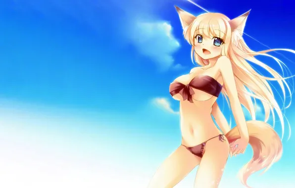 Girl, sexy, wet, cleavage, long hair, boobs, animal ears, anime